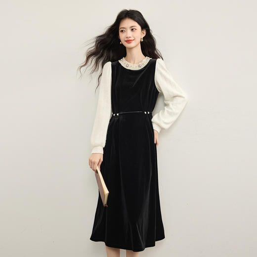 【年货节】熙世界黑天鹅假两件丝绒连衣裙女秋冬法式赫本收腰裙子 商品图3