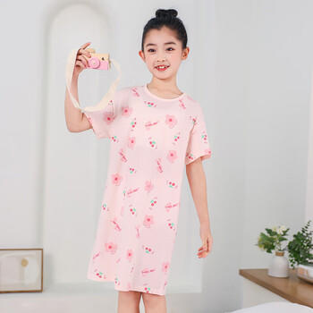 红豆女童睡裙纯棉春夏季薄款家居服儿童短袖套头睡衣A类Q3320粉色140 商品图7