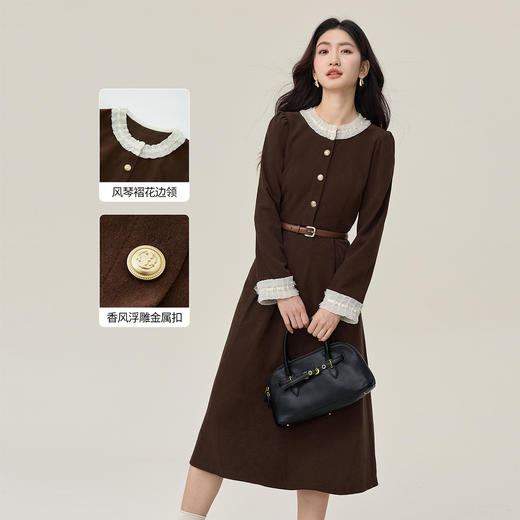 【年货节】熙世界2025秋冬新款千金赫本风磨毛连衣裙女长袖法式优雅收腰裙子 商品图1