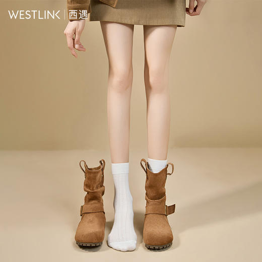 西遇平底勃肯靴女新款秋冬复古丑萌V口西部牛仔靴圆头短靴子V2257216 商品图2