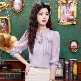 KQL 323H2192立领荷叶边显瘦荷叶袖衬衫减龄法式雪纺衫