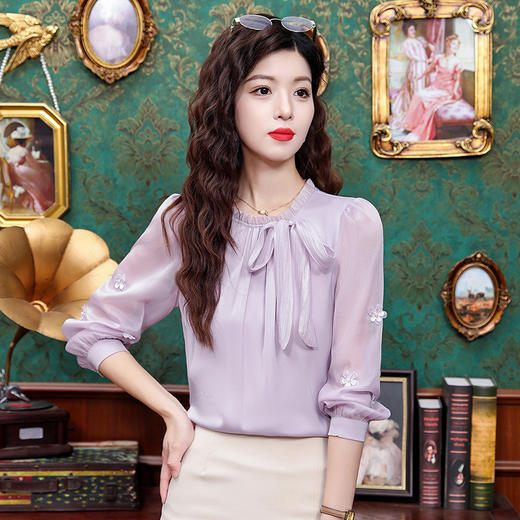 KQL 323H2192立领荷叶边显瘦荷叶袖衬衫减龄法式雪纺衫 商品图0