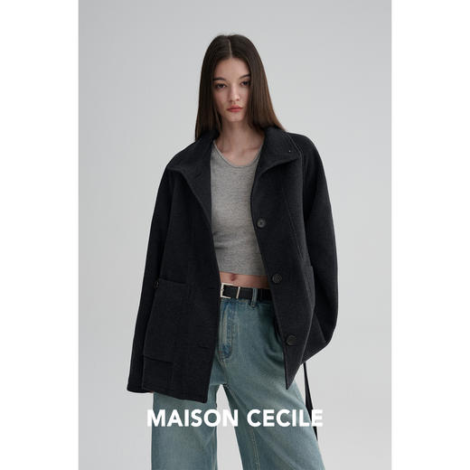 MAISON CECILE 两色|桑蚕丝羊毛宽松立裁短款显比例翻领毛呢大衣 商品图3