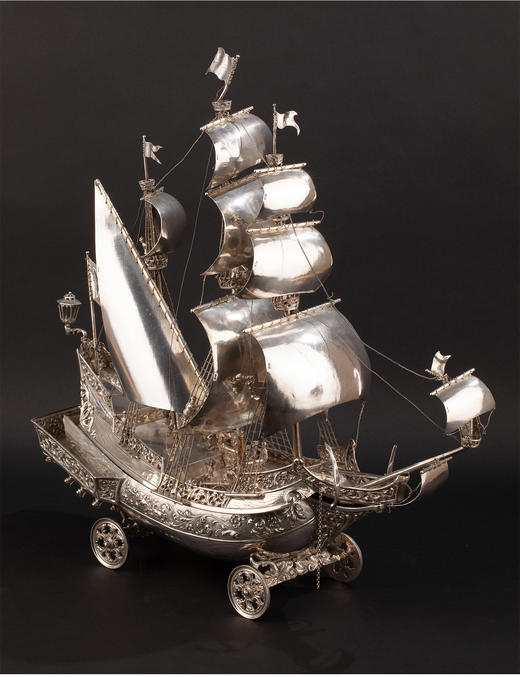 独角鹿西洋古董 1927年德国出品纯银精雕帆船摆件 商品图3