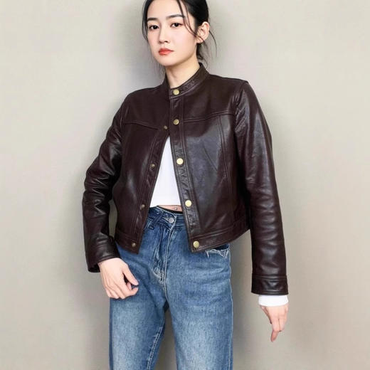 丁摩 绵羊皮真皮皮衣女短款高级感圆领上衣2586 商品图1