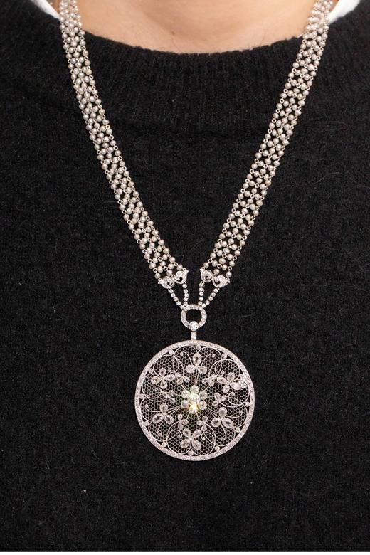 独角鹿西洋古董 20世纪初比利时出品美好时代风格铂金镶嵌钻石及天然海水珍珠花卉造型项链 商品图1