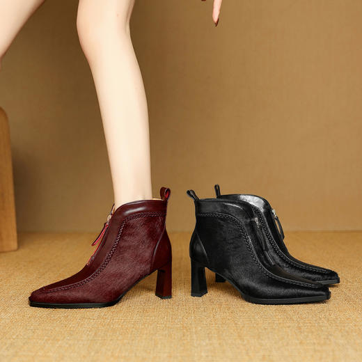 【预售5天】秋冬季牛皮马毛拼接编织显瘦时装靴前拉链加绒粗高跟短靴女DB&M6622 商品图2