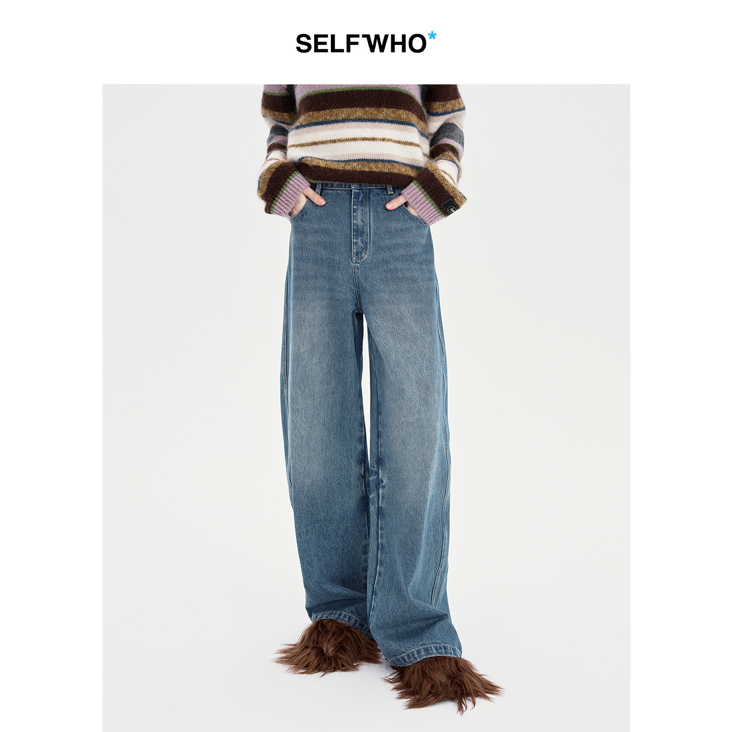 SELFWHO纯棉复古扎花洗水纹牛仔裤女2024秋冬新款宽松显瘦阔腿裤