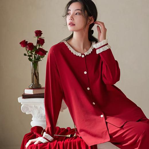 【围绕幸福】2025秋冬睡衣长袖纯棉大红色本命年结婚喜庆小香风圆领家居服 商品图0