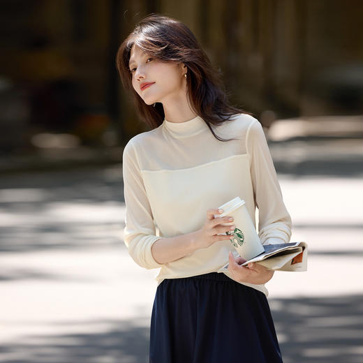 【10/23新品】熙世界柔软云感网纱半高领针织衫女2025年秋冬新款内搭上衣打底衫 商品图3