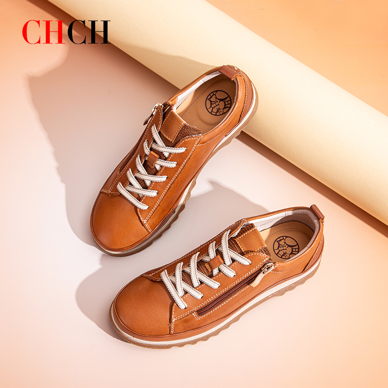 CHCH平衡鞋2025秋冬新款牛皮平跟圆头系带深口休闲单鞋女鞋CP2B5021