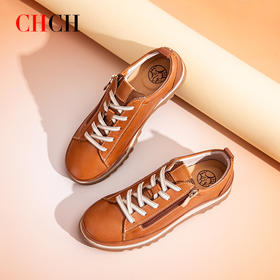 CHCH平衡鞋2025秋冬新款牛皮平跟圆头系带深口休闲单鞋女鞋CP2B5021