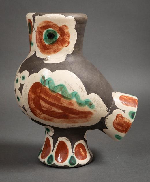 【已售】独角鹿西洋古董 1968年代西班牙艺术巨匠与法国Madoura工坊合作出品限量装饰陶瓶「Chouette 猫头鹰」 商品图1