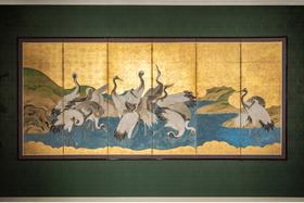 【已售】独角鹿西洋古董 20世纪日本出品「湖畔仙鹤」主题金地纸本设色六曲屏风
