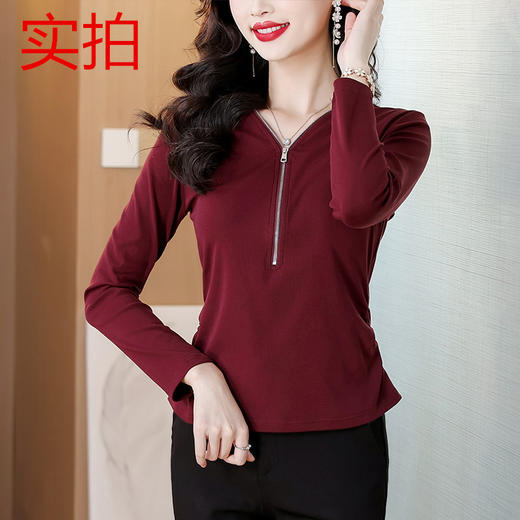 KQL A48N50166纯色V领长袖t恤抽褶修身显瘦拉链上衣 商品图1