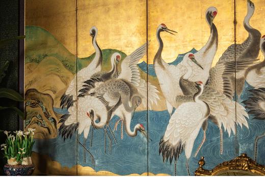 【已售】独角鹿西洋古董 20世纪日本出品「湖畔仙鹤」主题金地纸本设色六曲屏风 商品图2