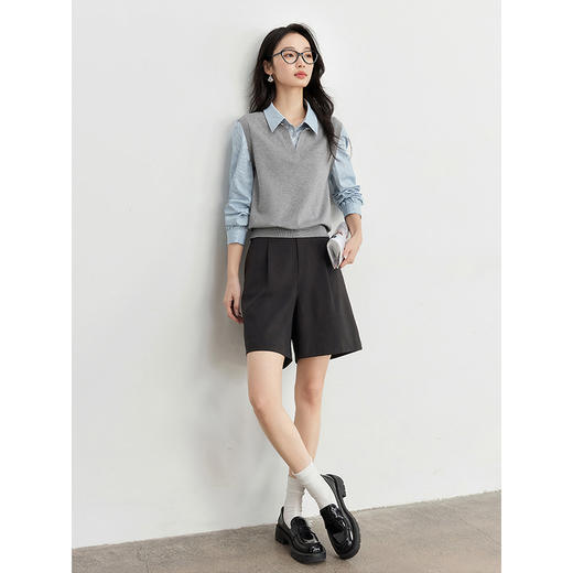 【129选3件，不支持退换】熙世界2025秋季新款女装长袖衬衫领拼接针织衫马甲假两件别致上衣 商品图4