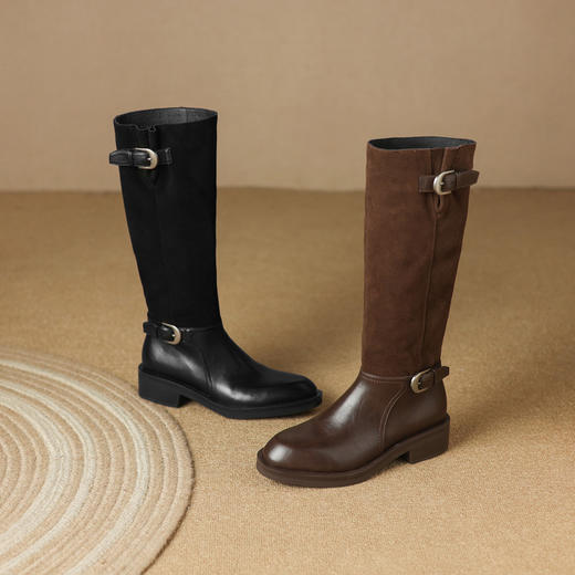 【预售7天】新款拼接百搭西部靴女英伦风宽筒长筒靴显瘦时尚骑士靴LD&7521 商品图2