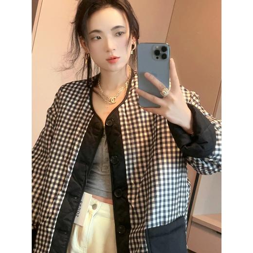ERD&OS 轻便夹克棉服女V领复古菱型格纹两穿宽松外套 商品图6