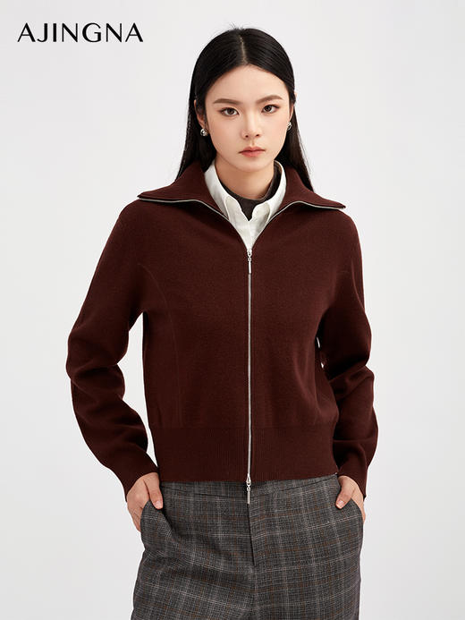 【商场同款】阿菁娜冬季新款精纺羊绒开衫可立翻领双头拉链修身显瘦A30D318019 商品图1