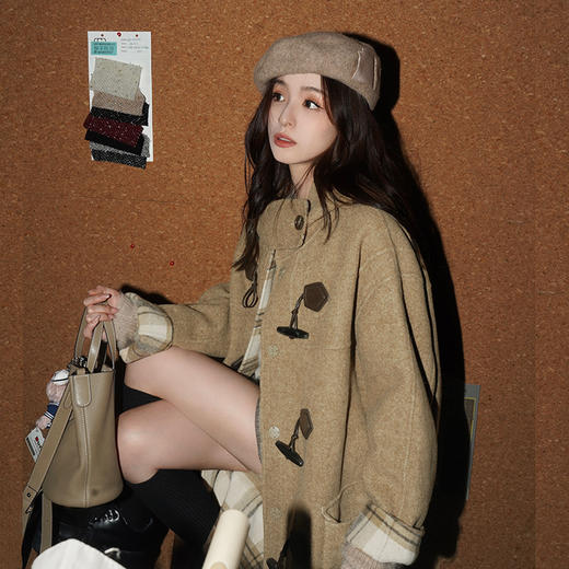 现货 剑桥美院 复古学院风 双面穿撞色格纹连帽长款大衣 商品图1