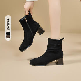 西遇法式短靴女高跟鞋冬季新款高级感绒面方头黑色粗跟瘦瘦靴V2257258