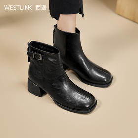 西遇粗跟短靴女新款秋冬高跟鞋皮带扣法式百搭黑色圆头瘦瘦靴V2257251