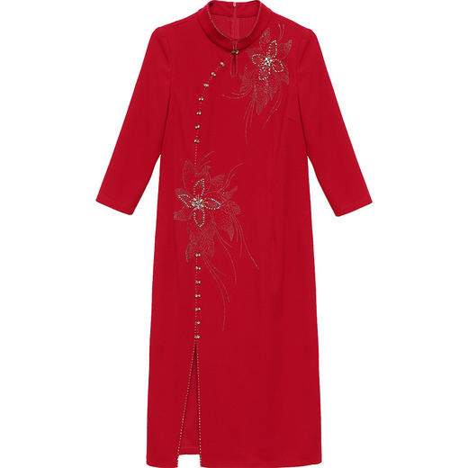 镶钻旗袍裙复古国风连衣裙，红色婚宴礼服裙开衩包臀裙QYM-LRX-615C80317-Y 商品图4
