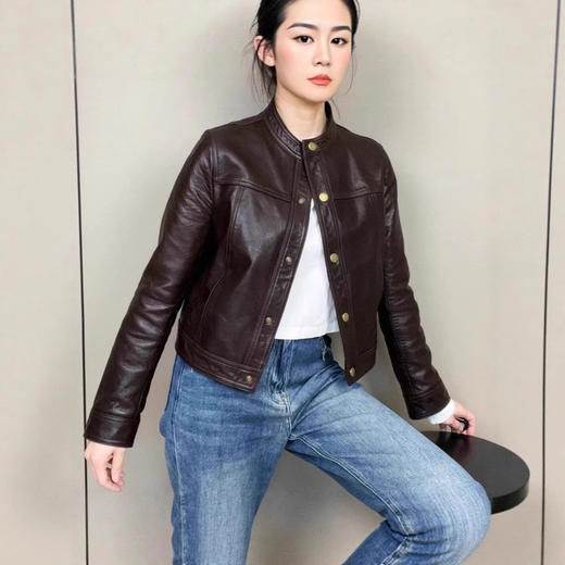 丁摩 绵羊皮真皮皮衣女短款高级感圆领上衣2586 商品图2