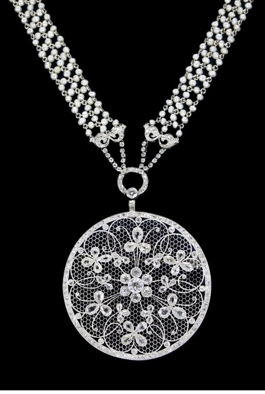 独角鹿西洋古董 20世纪初比利时出品美好时代风格铂金镶嵌钻石及天然海水珍珠花卉造型项链 商品图3