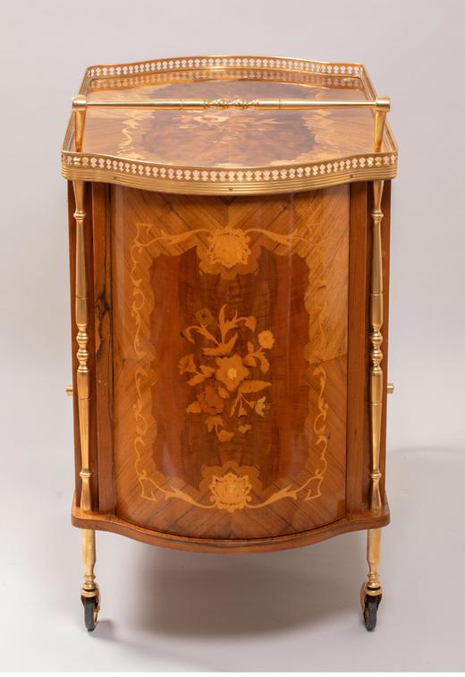 独角鹿西洋古董 1900年代法国出品铜鎏金装饰繁花卷叶主题细木镶嵌可移动式双层酒柜 商品图5