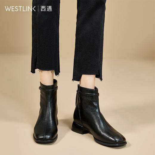 西遇黑色短靴女2025新款秋冬洋气百搭配裙子圆头马丁靴粗跟瘦瘦靴V2257252 商品图2