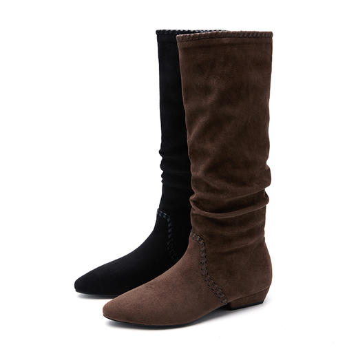 西遇复古堆堆靴女新款秋冬绒面西部牛仔靴低跟不过膝高筒长靴V2257265 商品图4