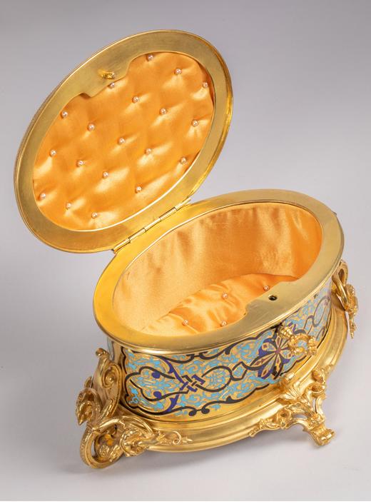 独角鹿西洋古董 19世纪末法国出品飞鸟主题铜鎏金精雕装饰錾胎珐琅珍宝盒 商品图2