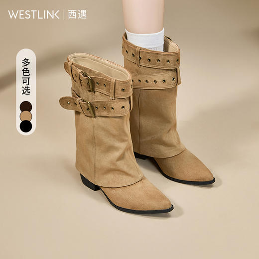 西遇尖头裤管靴女新款秋冬辣妹美拉德西部牛仔靴粗跟中筒靴子V2257242/V2257222 商品图0