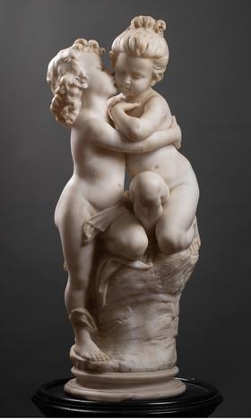 独角鹿西洋古董 19世纪法国雕塑名家AUG MOREAU签名出品大理石人物雕塑《幼年丘比特与普赛克》