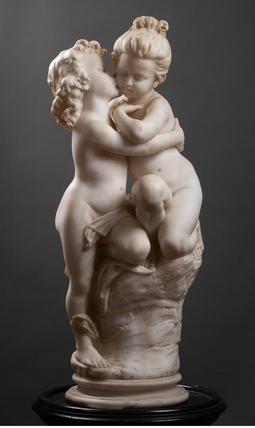独角鹿西洋古董 19世纪法国雕塑名家AUG MOREAU签名出品大理石人物雕塑《幼年丘比特与普赛克》 商品图0