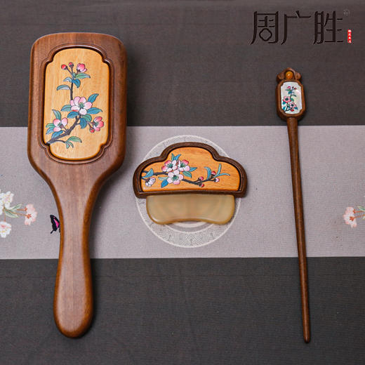 周广胜天然南美酸枝镶嵌彩绘气垫梳刮痧板发簪烟雨棠礼盒 商品图1
