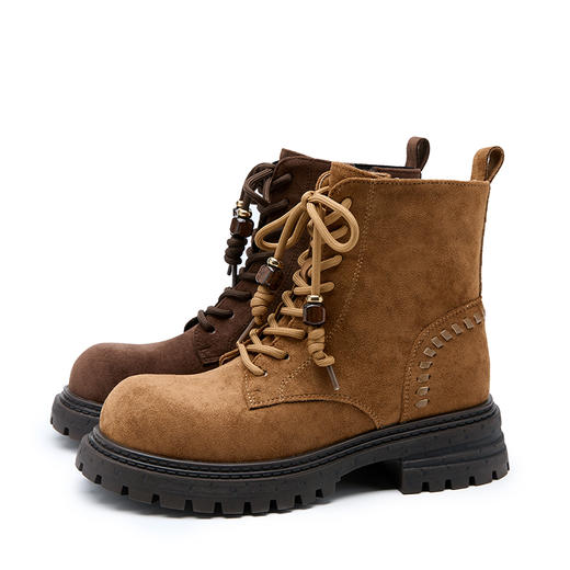 西遇厚底马丁靴女新款秋冬复古大黄靴美拉德棕色系带圆头短靴V2257262 商品图4