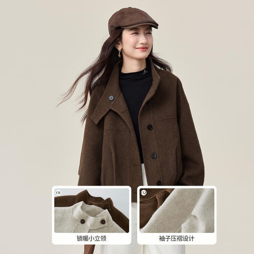 【10/23新品】熙世界巴恩风立领短款毛呢大衣女小个子冬女装休闲宽松纯羊毛外套 商品图1