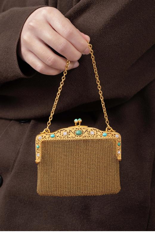 独角鹿西洋古董 19世纪末法国出品花叶纹镂雕18K黄金镶嵌钻石及绿松石网状编织晚宴包 商品图1