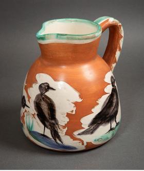 【已售】独角鹿西洋古董 1962年代西班牙艺术巨匠与法国Madoura工坊合作出品限量装饰陶瓶「Pichet aux oiseaux 鸟纹水罐」