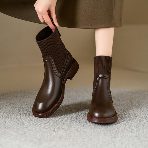 【预售5天】巨好看洋气牛皮毛线筒马丁靴，英伦风中跟粗跟短靴XMV&H315 商品图2