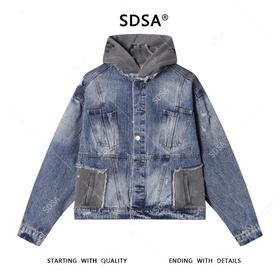 25139SDSA男士秋冬新款痞帅男装潮牌磨白磨破纽扣连帽牛仔夹克百搭时尚