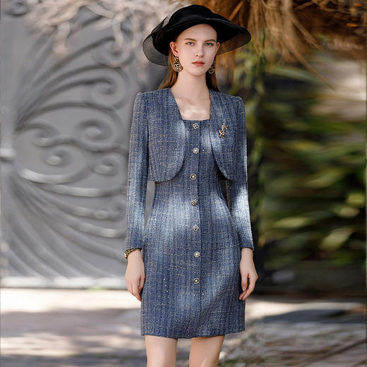 IWY/牛仔蓝高端职业连衣裙套装新款女神范小香风粗花呢西服外套C1904+Q1025 商品图0
