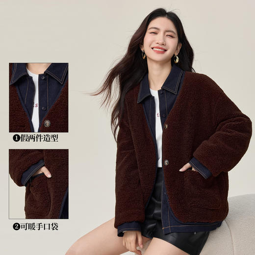 【10/23新品】熙世界假两件羽绒服女秋冬白鸭绒撞色牛仔翻领保暖外套琥珀流光风 商品图1