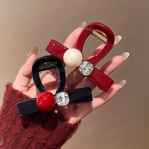 丁摩 【两个装】安可拉红珍珠发夹女秋冬复古高级感抓夹后脑勺鲨鱼夹头饰5ZF-10201 商品图1