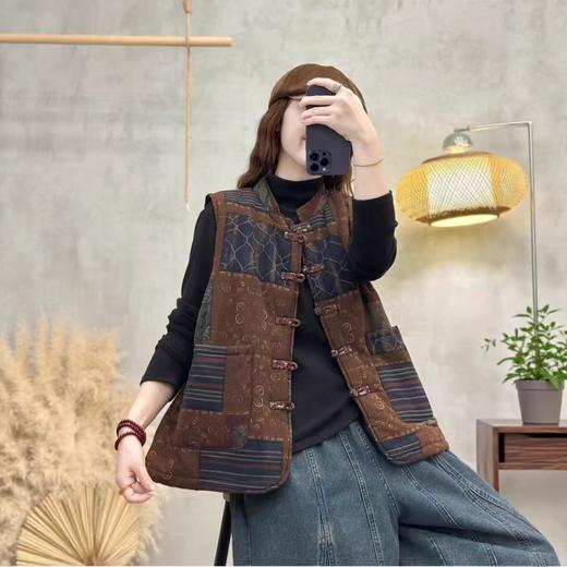 冬季新款复古印花马甲新中式盘扣无袖背心女民族风背心坎肩 商品图3