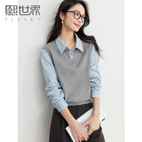 【129选3件，不支持退换】熙世界2025秋季新款女装长袖衬衫领拼接针织衫马甲假两件别致上衣