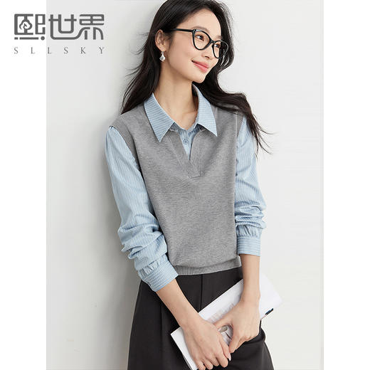 【129选3件，不支持退换】熙世界2025秋季新款女装长袖衬衫领拼接针织衫马甲假两件别致上衣 商品图0